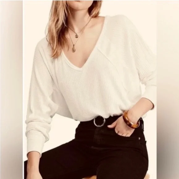 NWOT Free People- Santa Clara Thermal Long Sleeve V-Neck Top- Alabaster - Picture 2 of 5